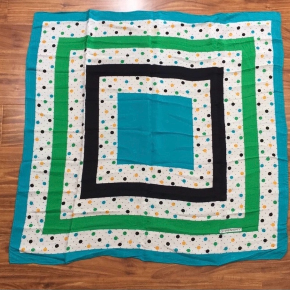 Vintage Givenchy Turquoise Green Silk Retro Polka Dot Colorblock Scarf Luxury